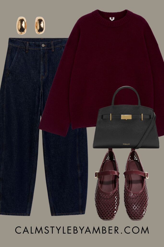 burgundy ballet flats outfit