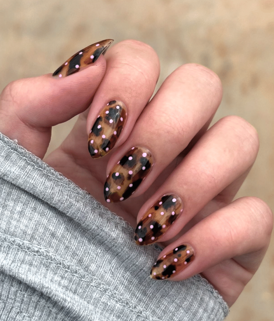 brown and pink polka dot nails