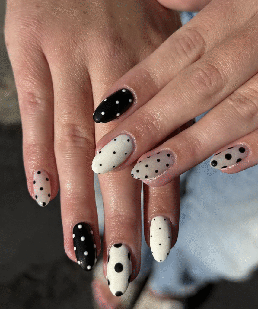 black and white polka dot nails
