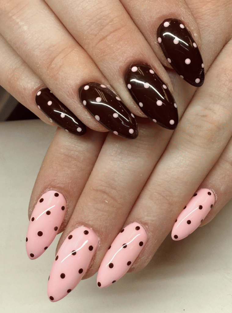 brown and pink polka dot nails