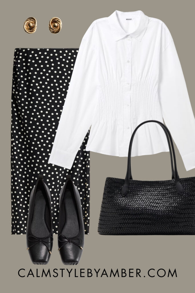 black polka dot skirt outfit