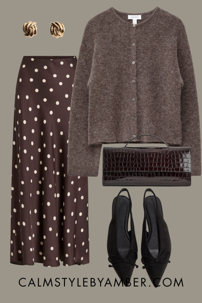 brown polka dot skirt outfit