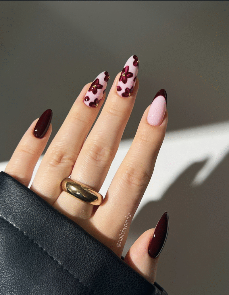 burgundy floral nails